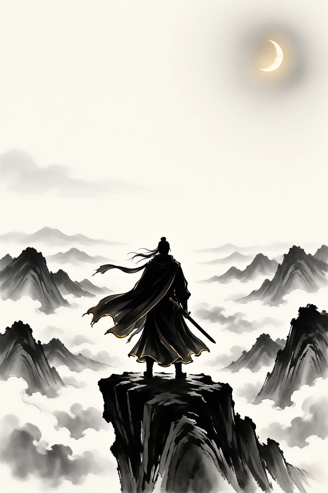 水墨插画：一位背对观者的侠客立于云海山巅，腰悬长剑