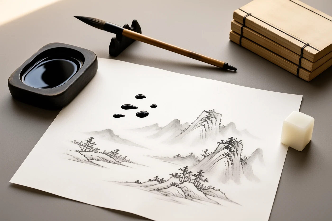 书桌上摊开的宣纸、石砚与毛笔，纸上有未干的山水墨痕
